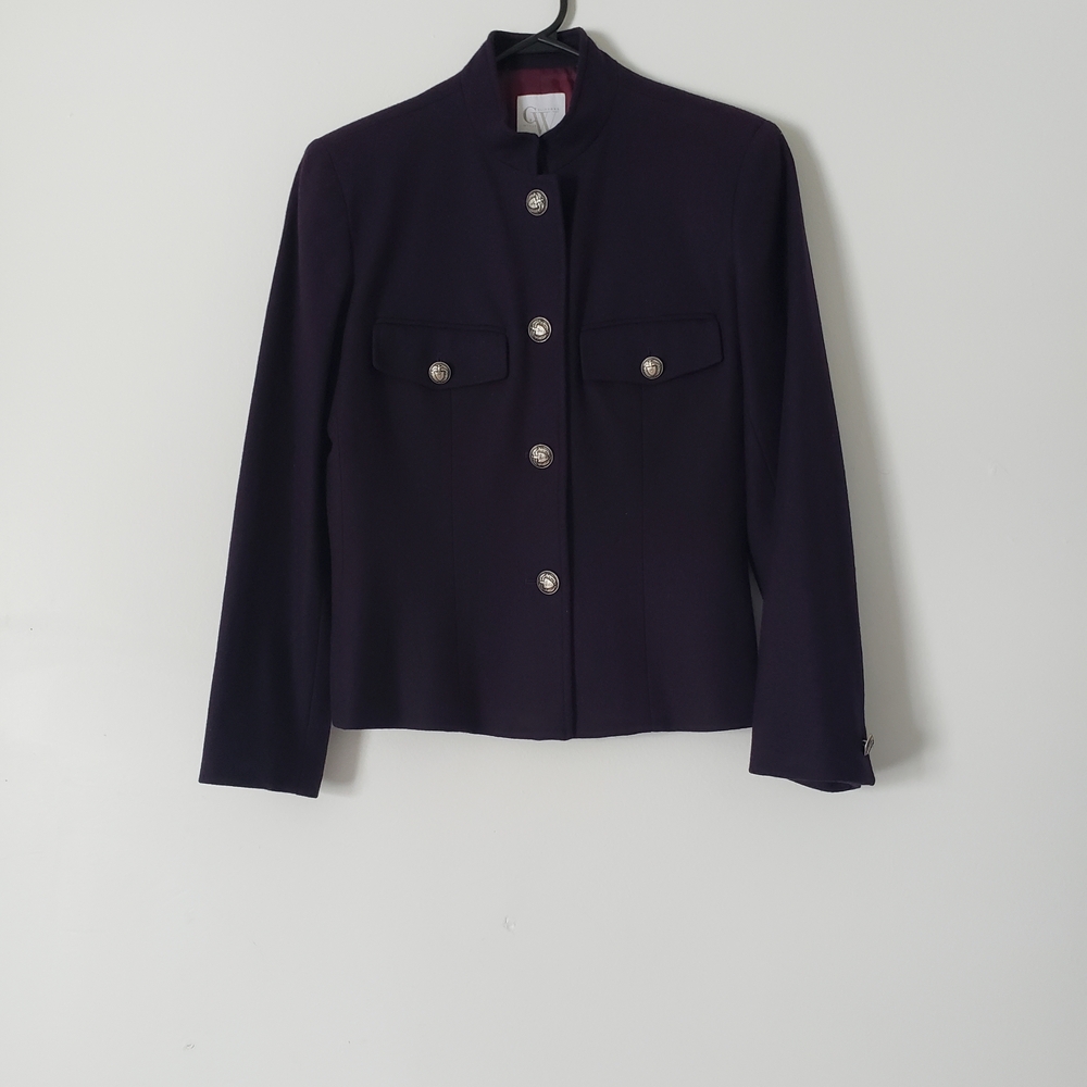 Eggplant Purple 100%Wool Military Band Jacket Mandarin Collar Very Sharp